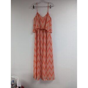 Bisou Bisou Tank Maxi Dress Size 4 Spaghetti Straps Peachy Orange Chevron Stripe